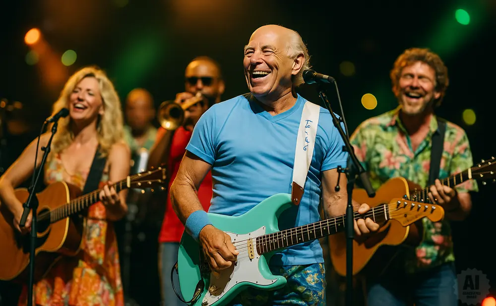 A band performs on stage, with a lead singer in a blue shirt playing a teal guitar and smiling.