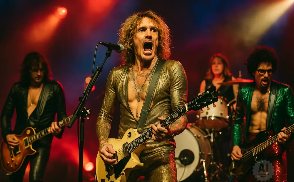 A band performs on stage with dramatic lighting; the lead singer is in a gold jumpsuit, playing guitar.