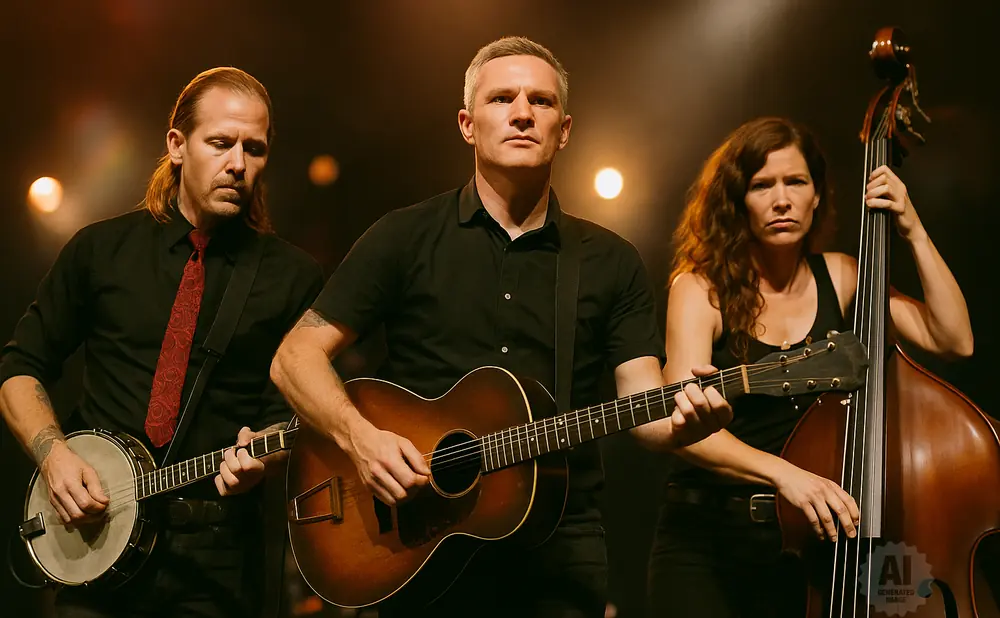 A band of three musicians performing on stage. A man on the left plays a banjo, a man in the center plays guitar, and a woman on the right plays a doubl…
