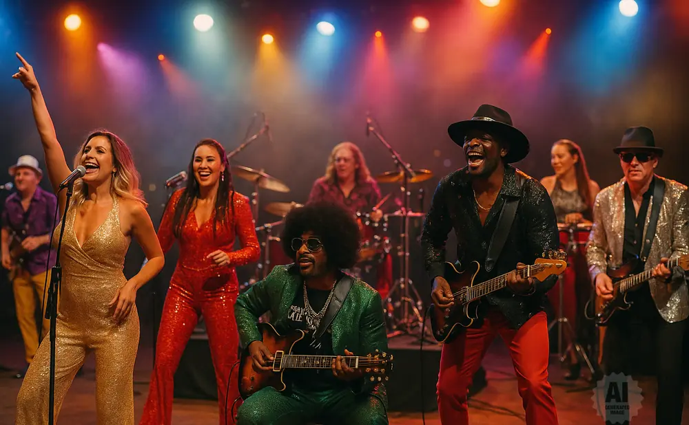 A diverse band plays music on stage under colorful lights, with vocalists in sparkling outfits and guitarists in hats.