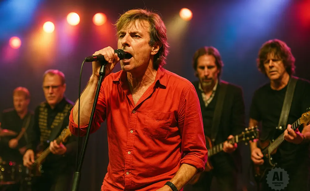 A rock band performs on stage, with the lead singer in a red shirt in focus, singing into a microphone.