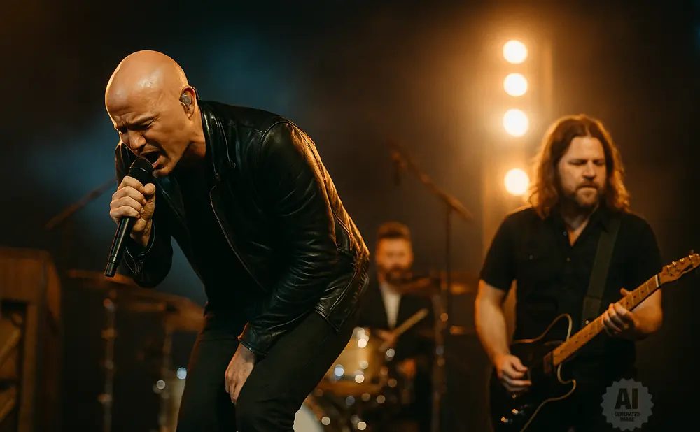 Bald singer in leather jacket sings into a microphone, guitarist plays in the background.