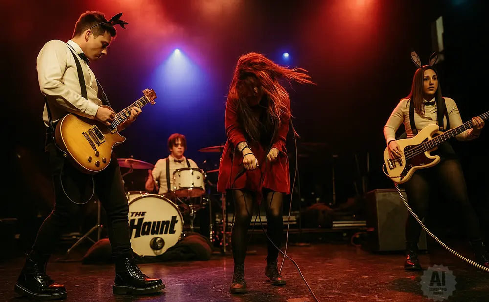 A rock band performs on stage with a guitarist, singer, bassist, and drummer.