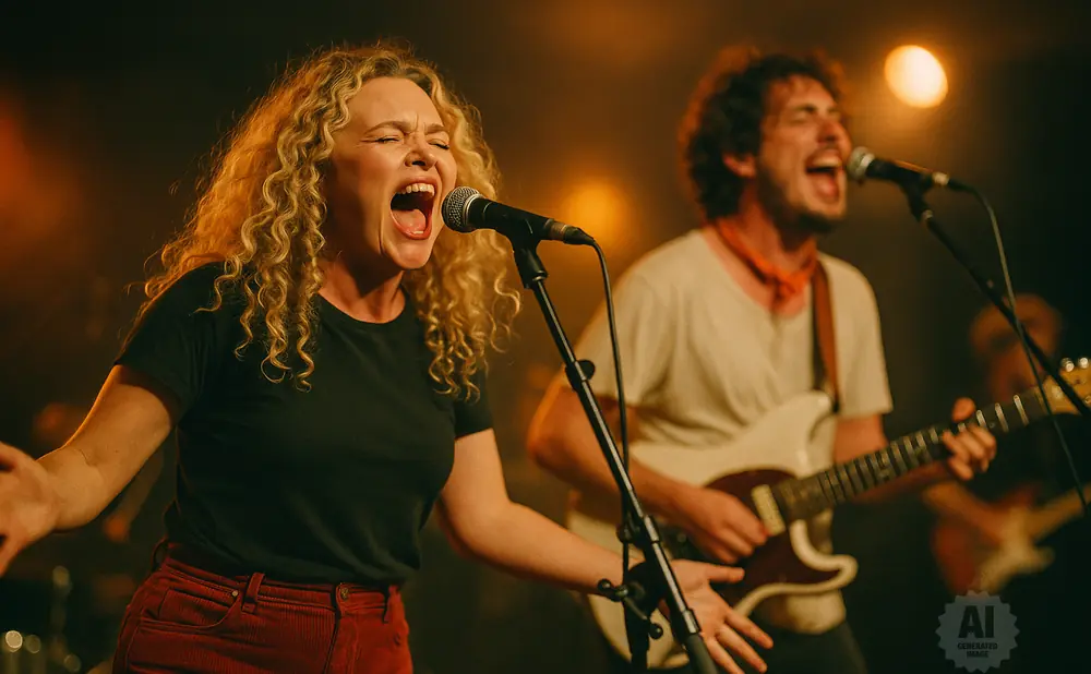 A female singer with blonde curly hair belts into a microphone, with a male guitarist behind her.