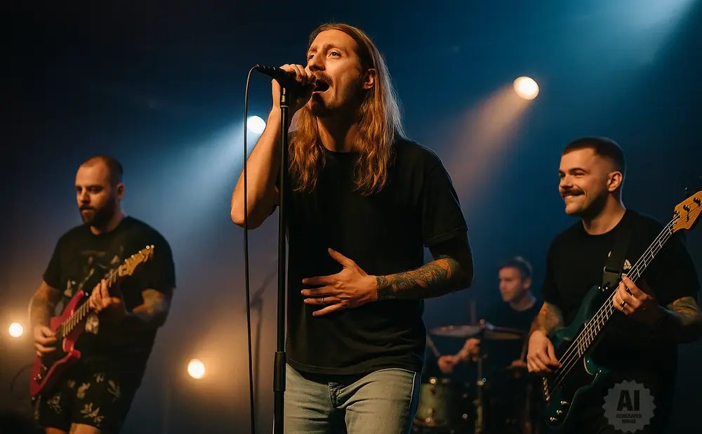 A rock band performs on stage with a singer in the foreground holding a microphone and a bassist to his right playing a teal bass guitar.
