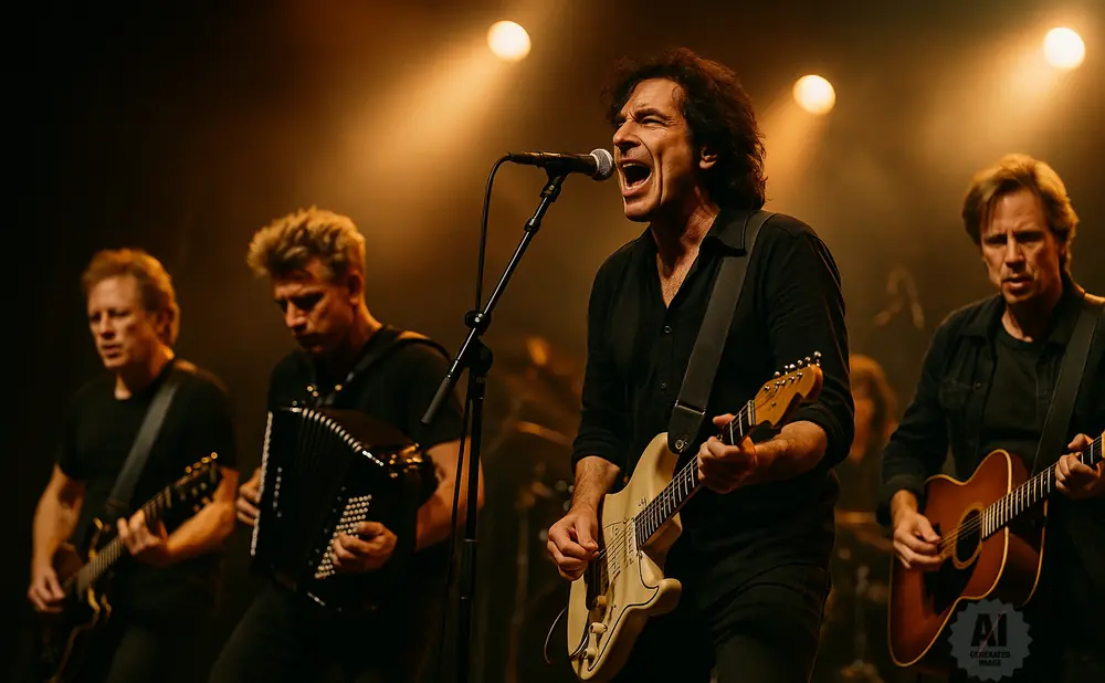 A band performs on stage with a lead singer, an accordion player, and two guitarists under warm stage lights.