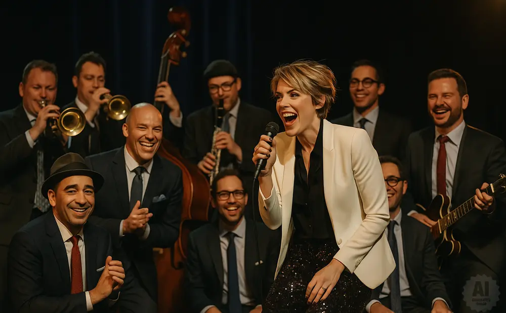 A jazz band performs on stage with a female singer at the microphone, a double bass, guitars, and horns.