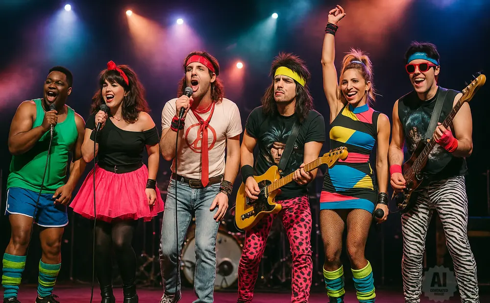 A diverse band of six singers and musicians dressed in vibrant 1980s attire perform on stage.