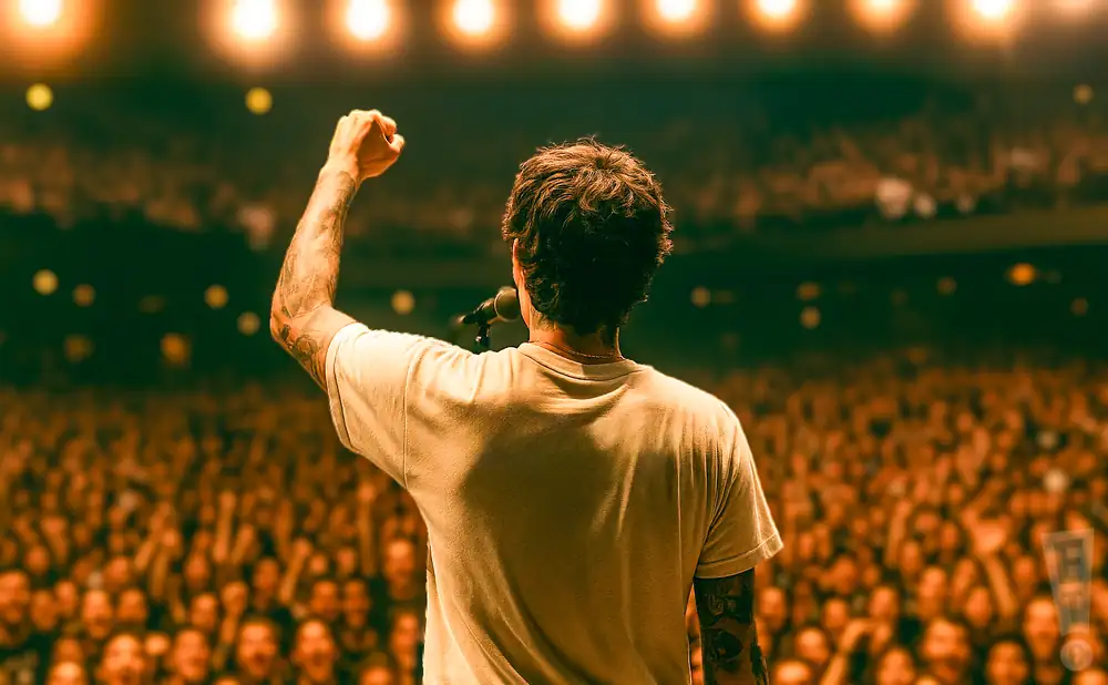 a rear view photo of the movements performing a concert on stage to a lively audience