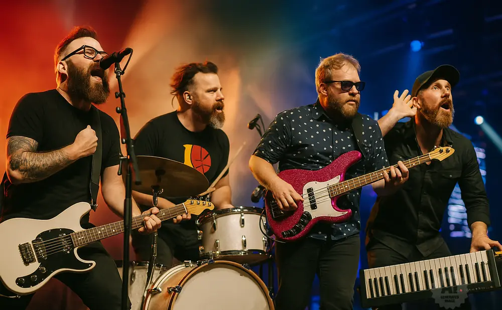 A band performs on stage. A singer with glasses and a beard sings into a microphone, with a guitarist, drummer, and keyboardist behind him.