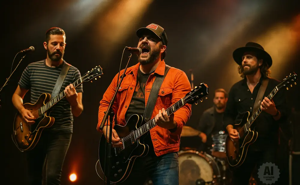 Band performing live on stage, with singers and guitarists in the foreground, and a drummer in the background.