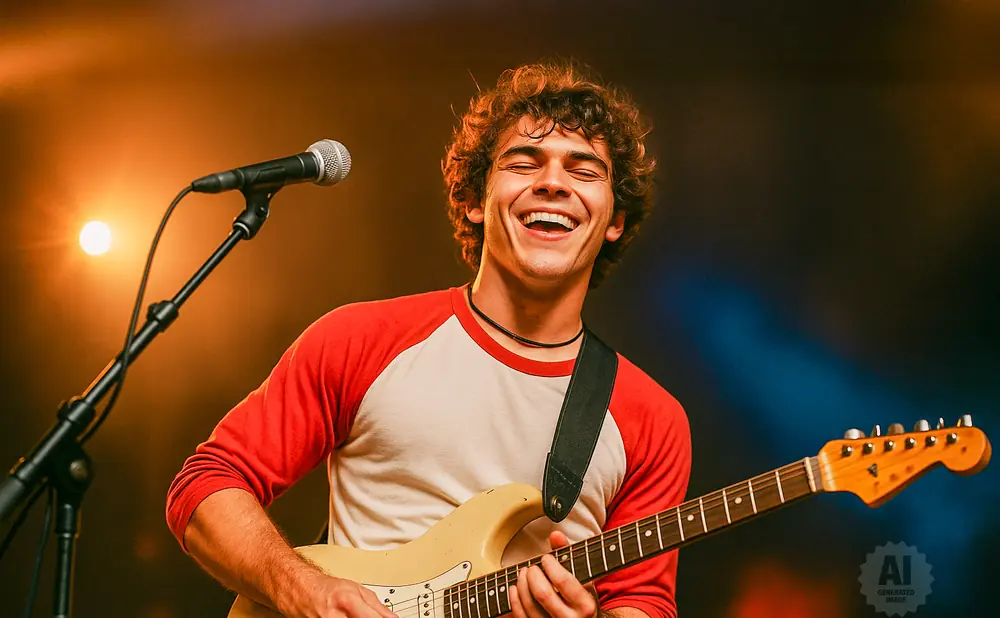 A smiling man with curly hair plays a cream-colored electric guitar on stage under warm lighting.