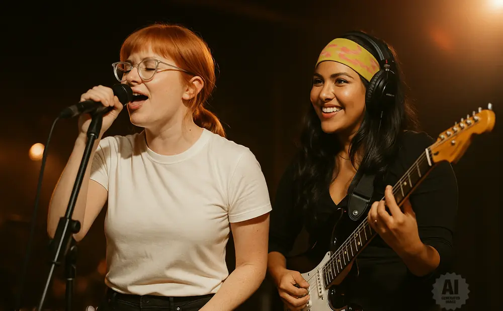 Two women performing music: one singing into a microphone and the other playing guitar.