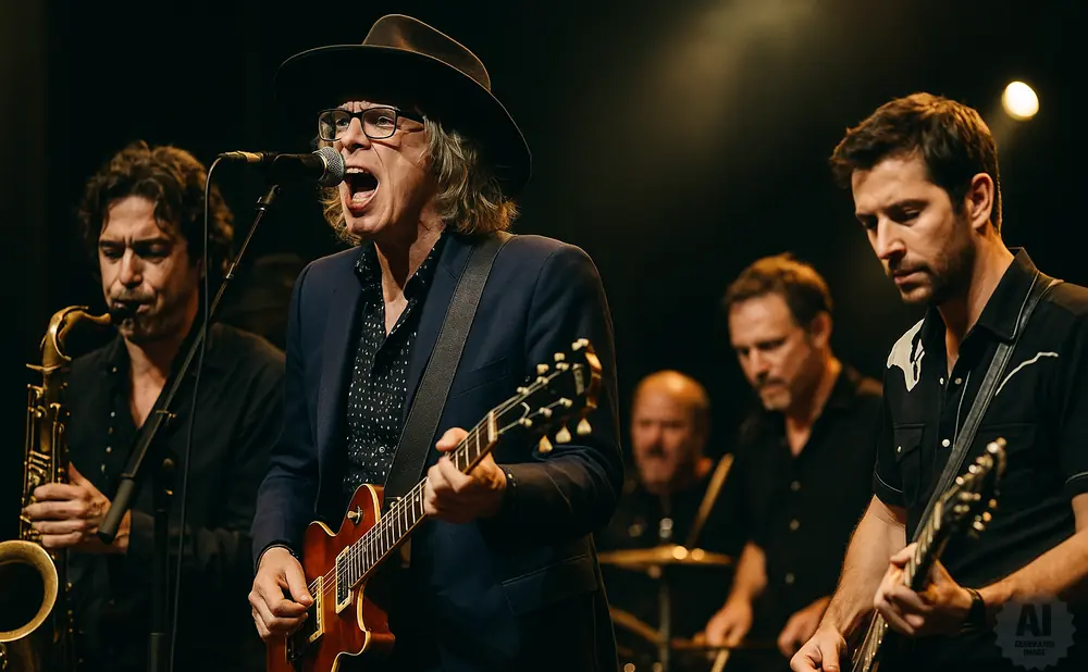 A band performs on stage with a lead singer playing guitar and singing into a microphone.