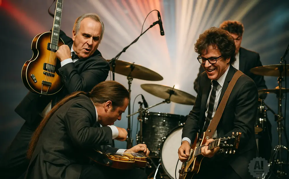 Band in suits playing guitars and drums on stage with a colorful backdrop.
