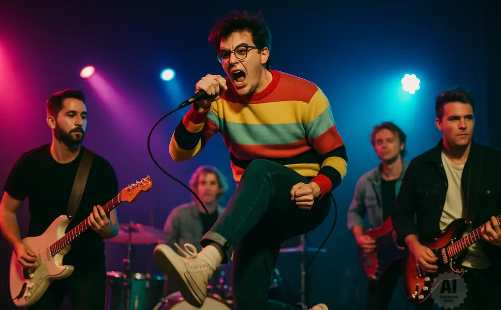 A band performs on stage with colorful lighting. The lead singer in a striped sweater jumps while singing into a microphone.