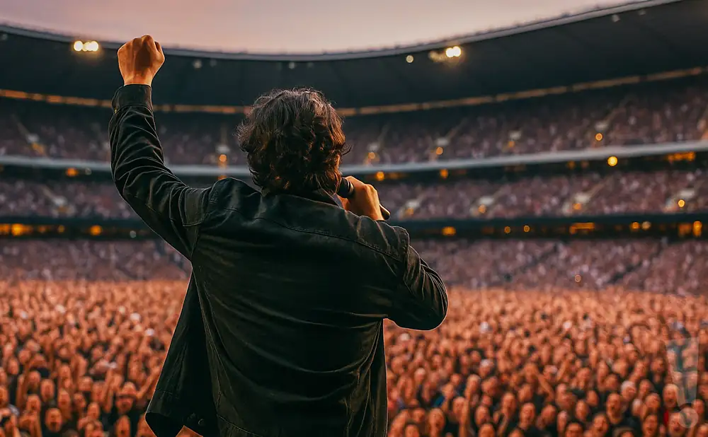 a rear view photo of thredge performing a concert on stage to a lively audience