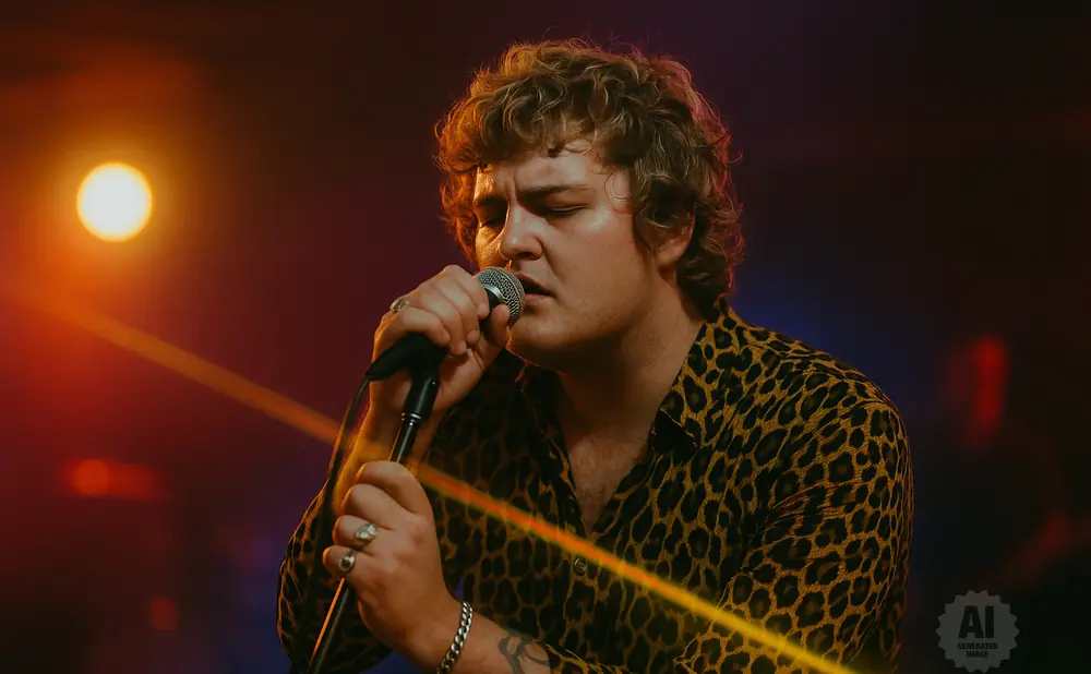 A singer with curly hair wearing a leopard print shirt, singing into a microphone under warm stage lights.