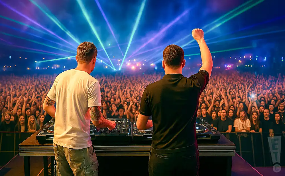 a rear view photo of tom and collins performing a concert on stage to a lively audience