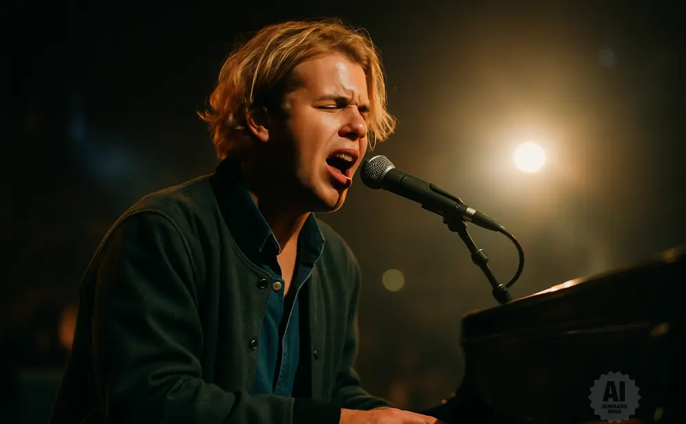 A blond man sings into a microphone while playing a piano.