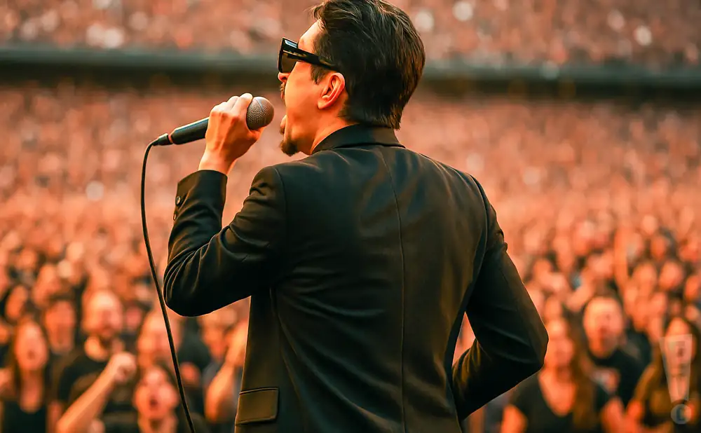 a rear view photo of tom sandoval performing a concert on stage to a lively audience