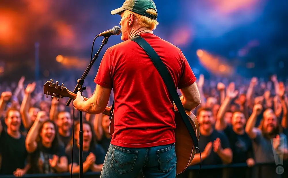a rear view photo of tom wopat performing a concert on stage to a lively audience