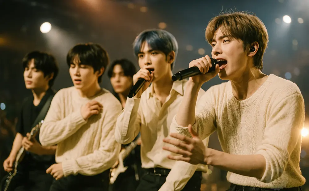 A K-pop group of five young men performing, four are singing into microphones.