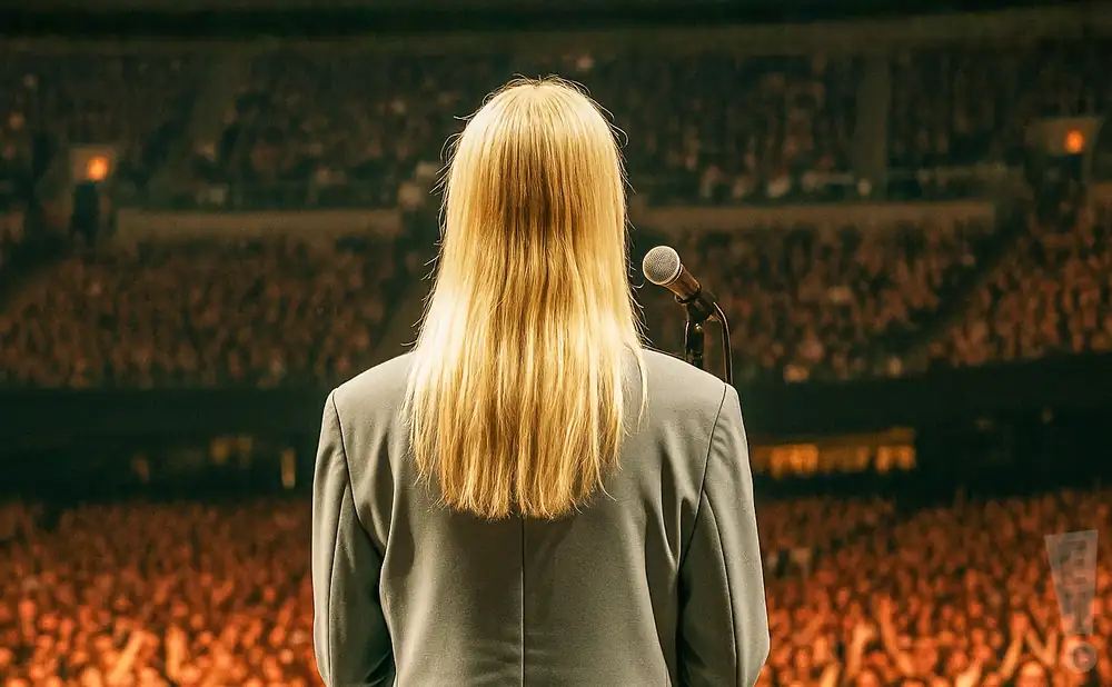 a rear view photo of torres performing a concert on stage to a lively audience
