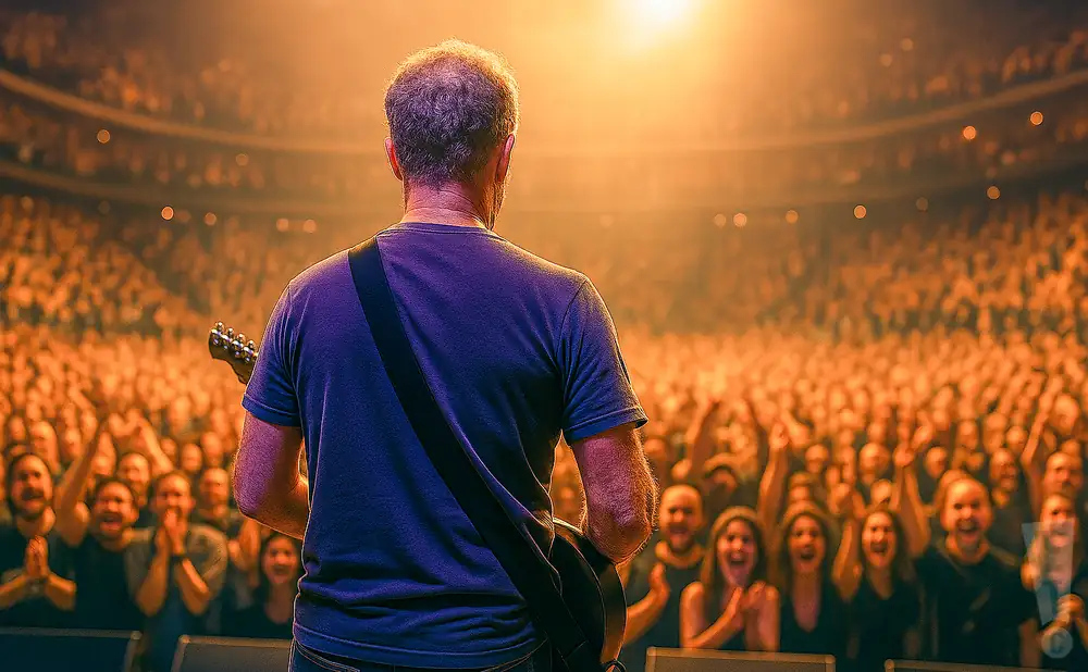 a rear view image of the guitarist drew heller from the instrumental band toubab krewe performing live on stage