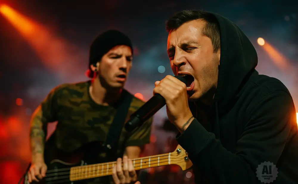 Singer in a black hoodie sings into a microphone as a bassist plays guitar in the background.