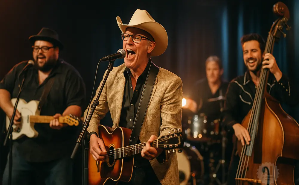 A band performs on stage with a lead singer in a cowboy hat, playing guitar and singing into a microphone.