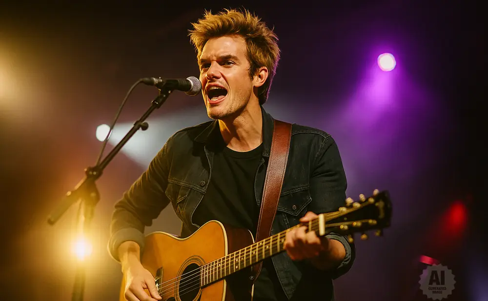 A man with blond hair sings into a microphone while playing an acoustic guitar on stage.
