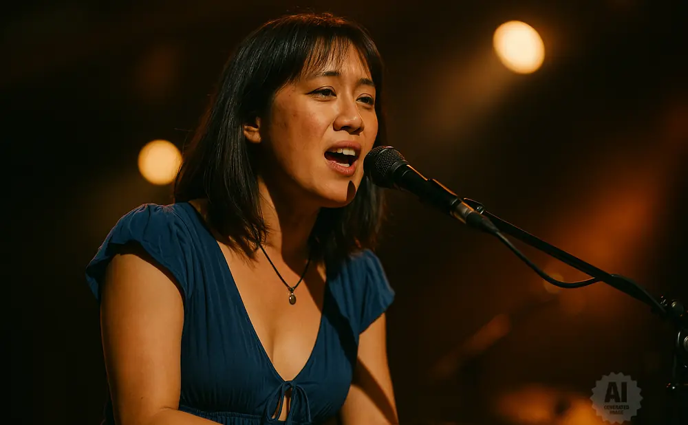 A woman in a blue dress sings into a microphone on a dimly lit stage.