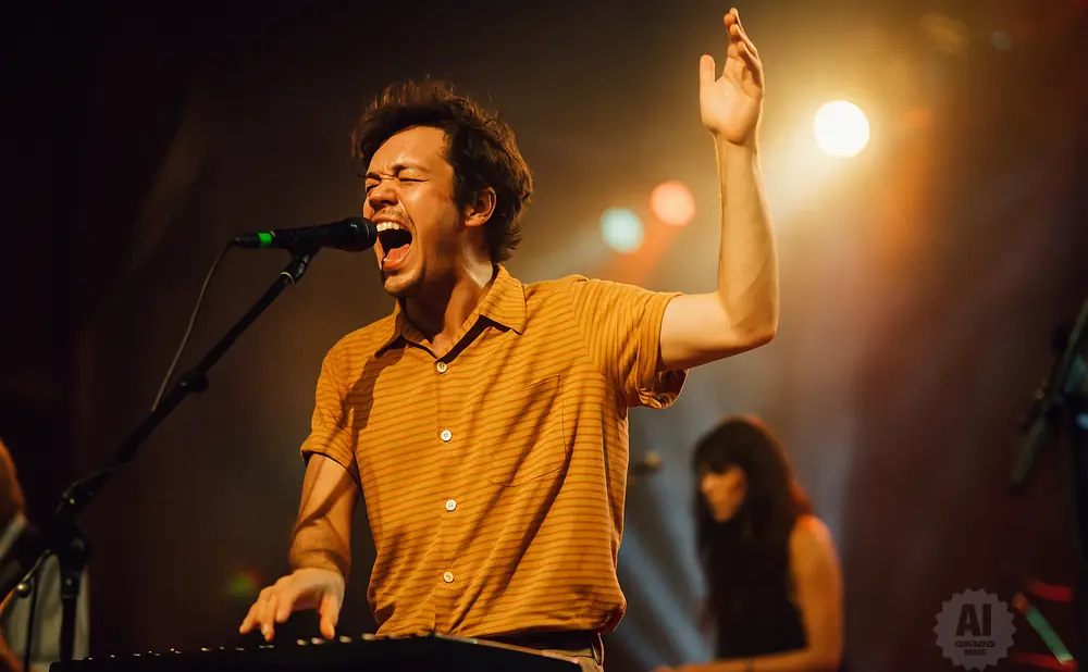 A male singer in a yellow striped shirt plays the keyboard and sings into a microphone.