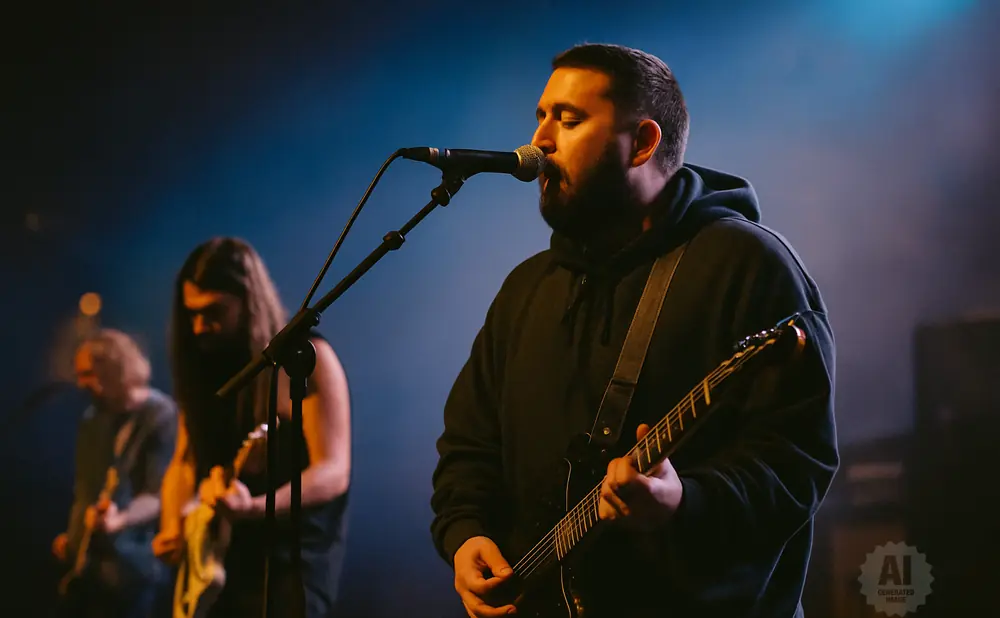 A man with a beard sings into a microphone and plays a guitar onstage, with bandmates behind him.