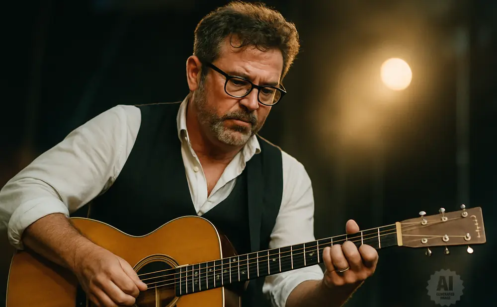 Man with glasses plays an acoustic guitar, illuminated by a spotlight.