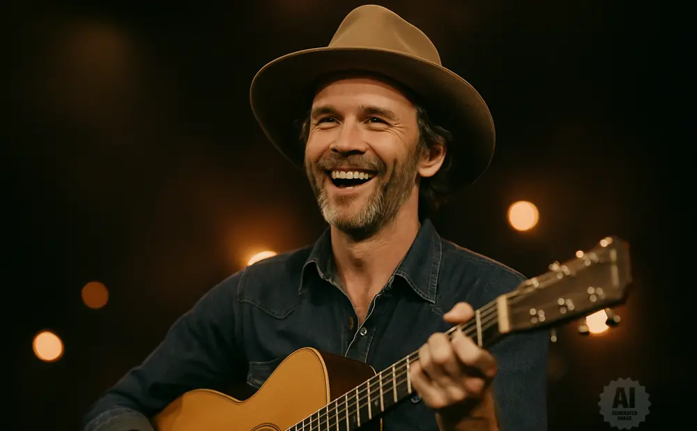 Man in a cowboy hat laughing while playing an acoustic guitar.