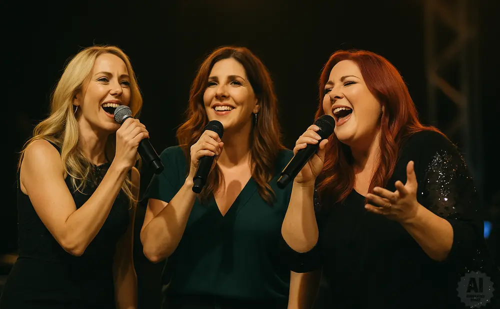 Three women singing into microphones on a stage.