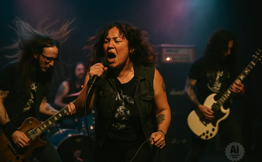 A rock band performs on stage with a female singer at the microphone and two guitarists.