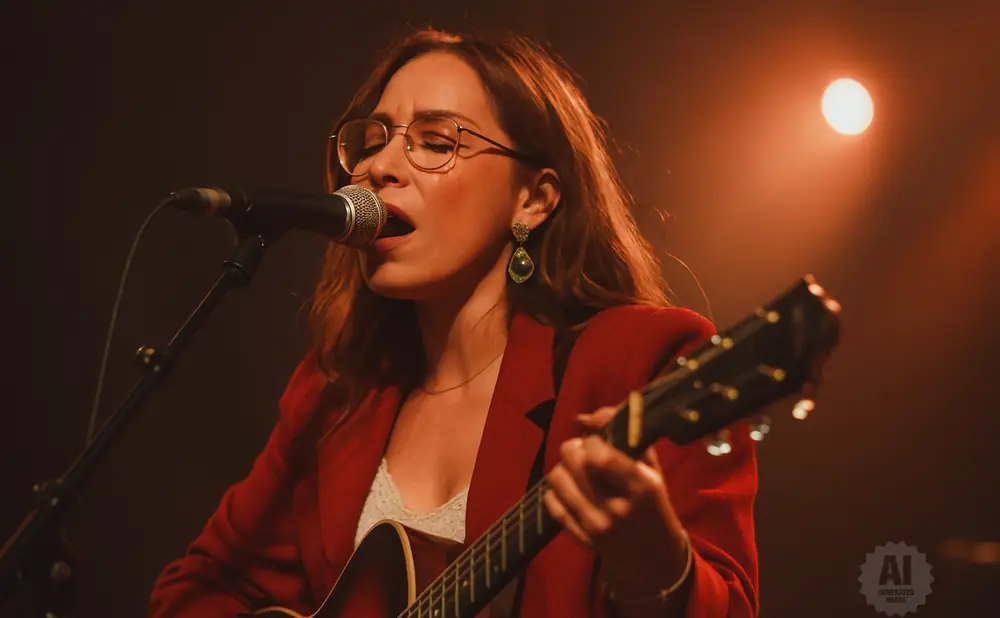 Woman in a red jacket singing into a microphone while playing an acoustic guitar.