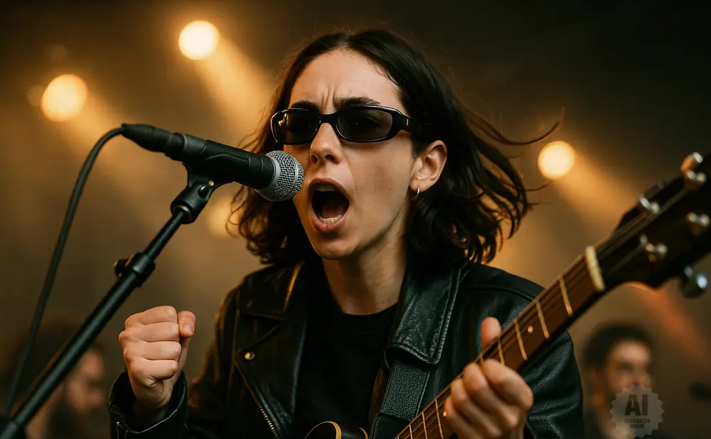 A female guitarist in sunglasses sings passionately into a microphone, her fist clenched.