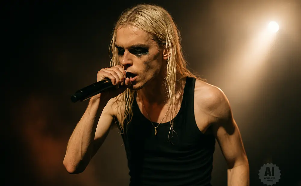 A male singer with long, blonde hair and heavy eye makeup holds a microphone to his lips, wearing a black tank top.