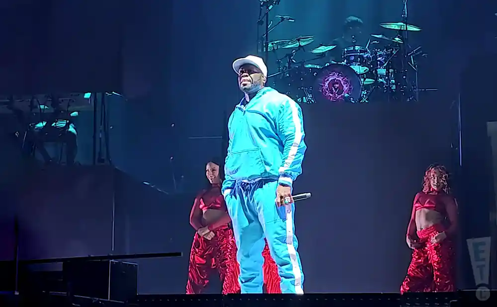 50 cent performs on stage at the hollywood casino amphitheater in st louis missouri