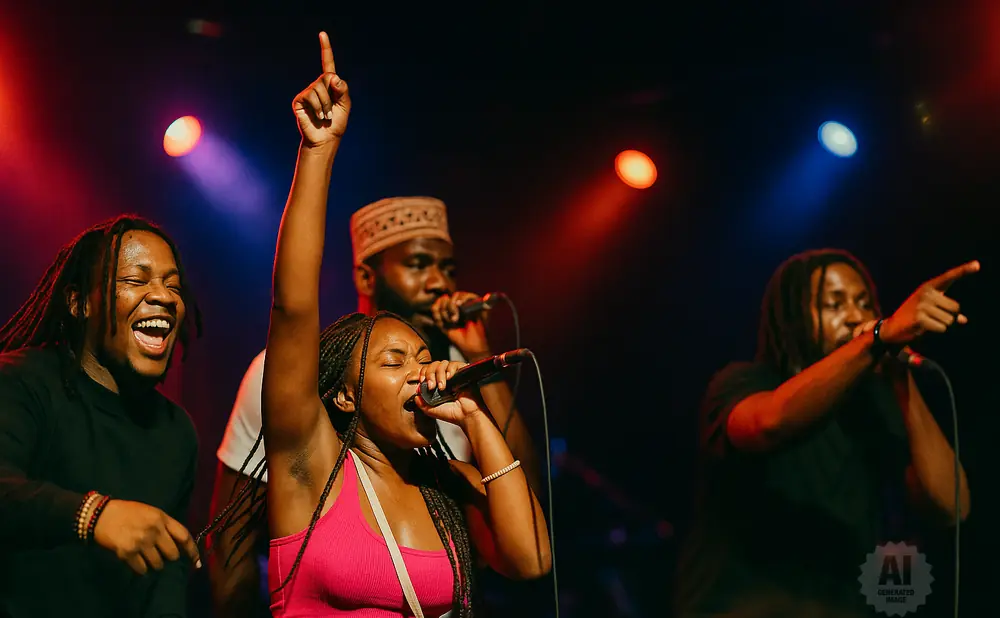 A woman in a pink tank top sings into a microphone, while three men with microphones perform on a dimly lit stage.