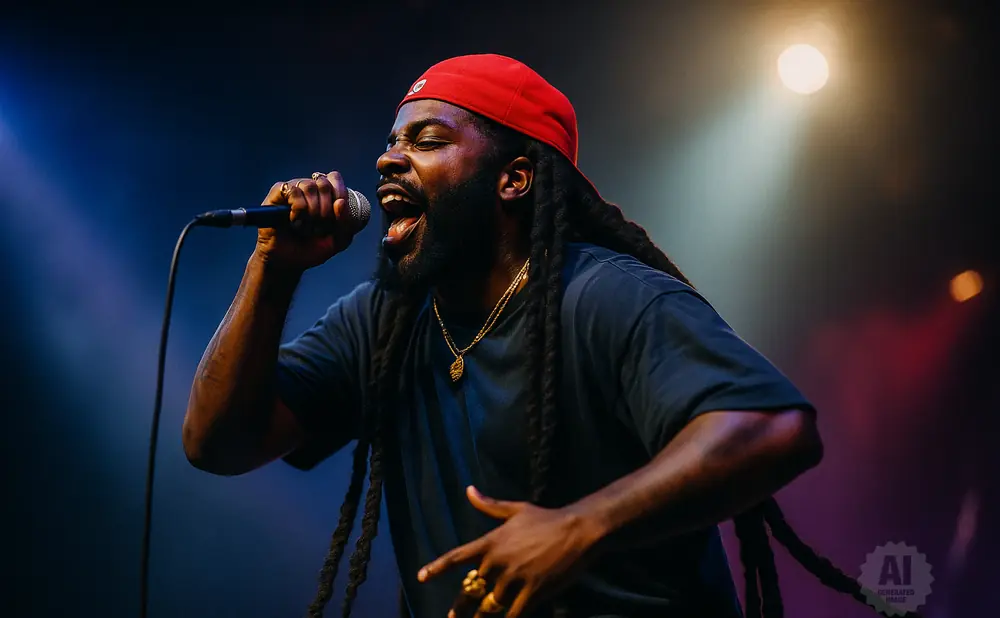 A Black man with dreadlocks and a red cap sings into a microphone, wearing a dark shirt and gold necklaces.