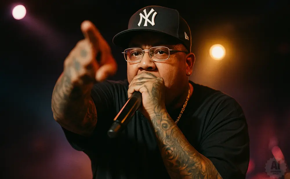Rapper with a New York Yankees cap, glasses, and tattoos holds a microphone to his lips while pointing with his left hand.