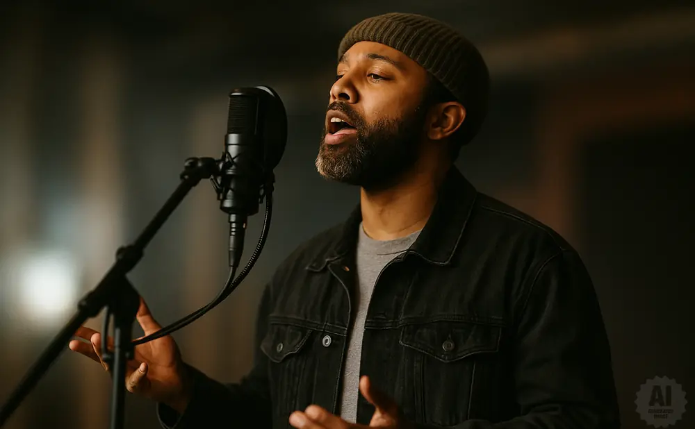 Man wearing a beanie and denim jacket sings into a microphone.