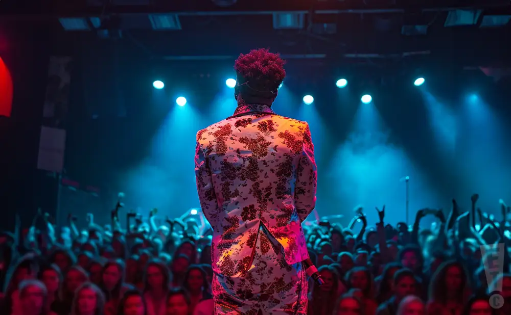 a rear view photo of andre 3000 performing a concert on stage to a lively audience
