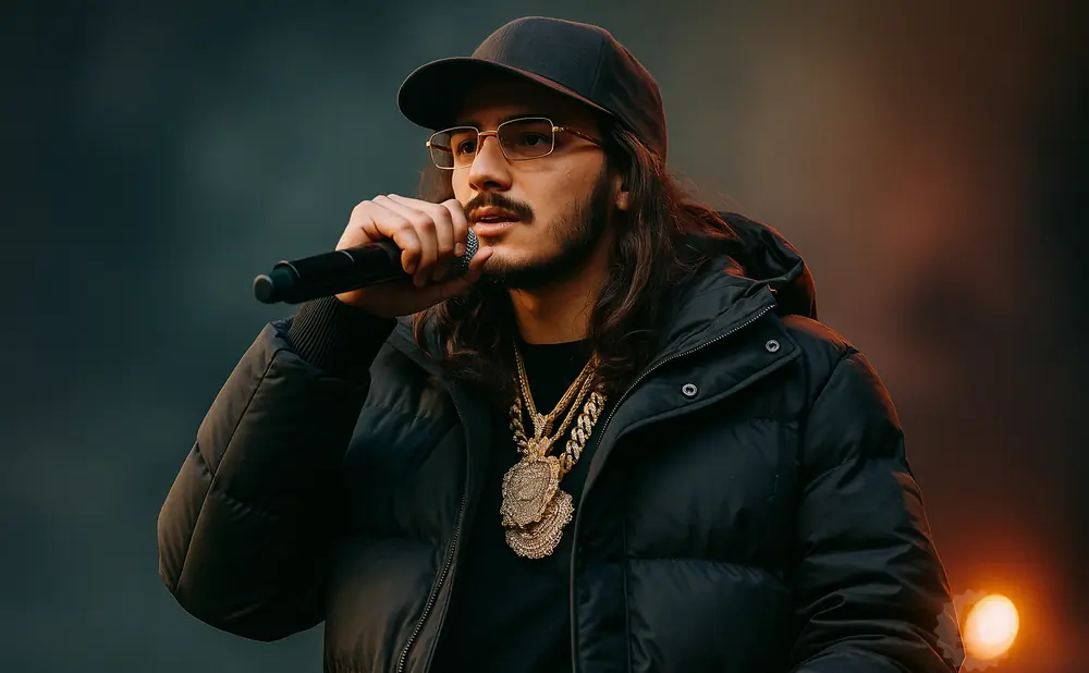 Rapper wearing a black puffer jacket, gold chains, and glasses, holding a microphone.