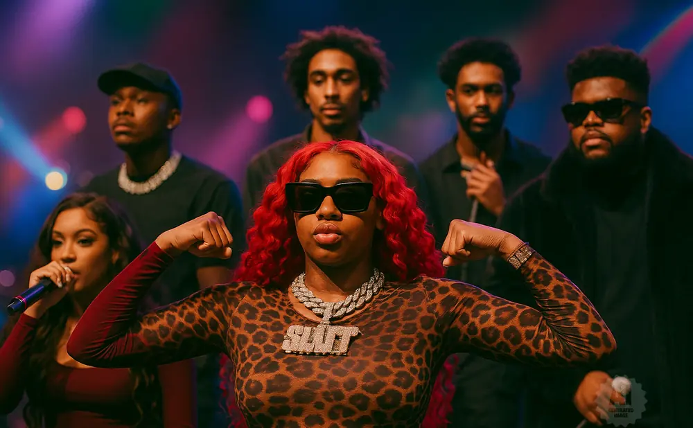 A group of six people on a stage with a woman in the front flexing her arms.